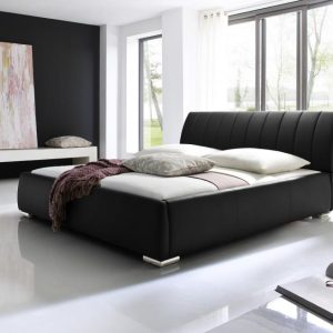 luxe tweepersoons bed met zwart kunstleer bekleed