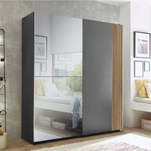 Slaapkamerkast met schuifdeuren en spiegel in grafiet grijs
